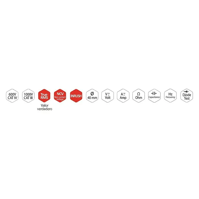 Xindar Multímetro abrazadera digital amperimétrica prof PIN2000 - Número de polos: 2 ud., IP20, Medición de frecuencia - Símbolos del multímetro para voltaje, corriente, resistencia, capacitancia, frecuencia, prueba de diodos, True RMS, NCV, Inrush, 600V CAT IV, 1000V CAT III.