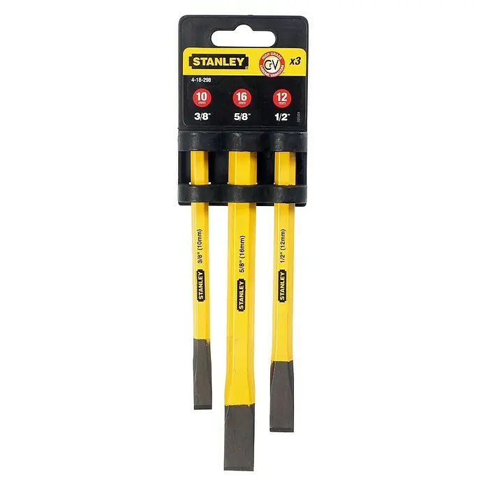 Stanley Juego de cinceles cortafríos - Acero - Juego de 3 cinceles Stanley 4-18-298 de diferentes tamaños (10mm, 16mm, 12mm) para diversas aplicaciones.