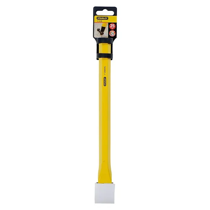 Stanley Cincel plano - An x L: 22 x 200 mm, Acero - En la imagen se muestra el cincel plano STANLEY con mango amarillo y colgador. La herramienta tiene 25 mm de ancho, ideal para piedra.