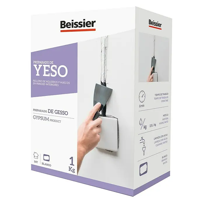 Beissier Pasta de yeso Fino de rellenos - 1 kg - Caja de producto de yeso Beissier para rellenar agujeros y grietas en paredes interiores, paquete de 1 kg, limpia con agua.
