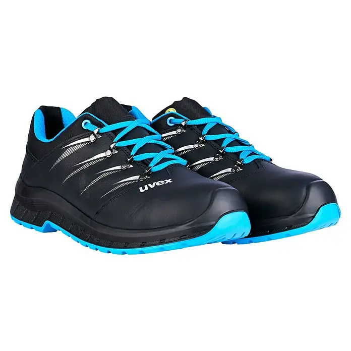 Uvex 2 Trend Sicherheitshalbschuh S3 - 46, Schutzklasse nach EN ISO 20345: S3, Schwarz/Blau - Schwarze Uvex Sicherheitsschuhe mit blauen Akzenten für optimalen Schutz und Komfort bei der Arbeit.