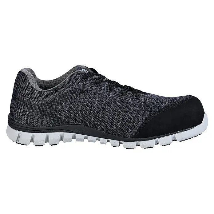 Safety Jogger Sicherheitshalbschuh Morris S1P - 45, Schutzklasse nach EN ISO 20345: S1P, Schwarz - Das Bild zeigt einen grauen Laufschuh mit schwarzen Schnürsenkeln und einer weißen Sohle. Der Schuh hat ein atmungsaktives Mesh-Obermaterial.