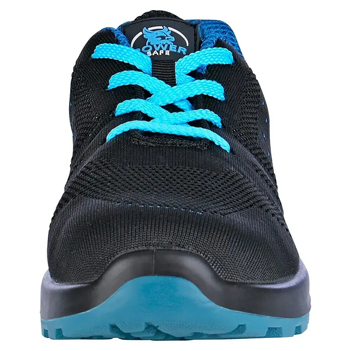 Sicherheitshalbschuh Bluestar S1 - Schuhgröße: 44, S1 - Nahaufnahme eines schwarzen POWER SAFE-Schuhs mit blauen Schnürsenkeln und Sohle, der Sicherheit und Komfort vereint.