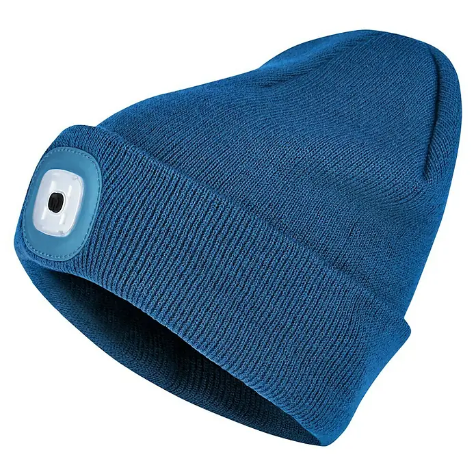 Steuber LED-Mütze - Blau, Ohne Bommel - Blaue Strickmütze mit LED-Licht, ideal für Outdoor-Aktivitäten bei Dunkelheit. Praktisch und modisch zugleich.