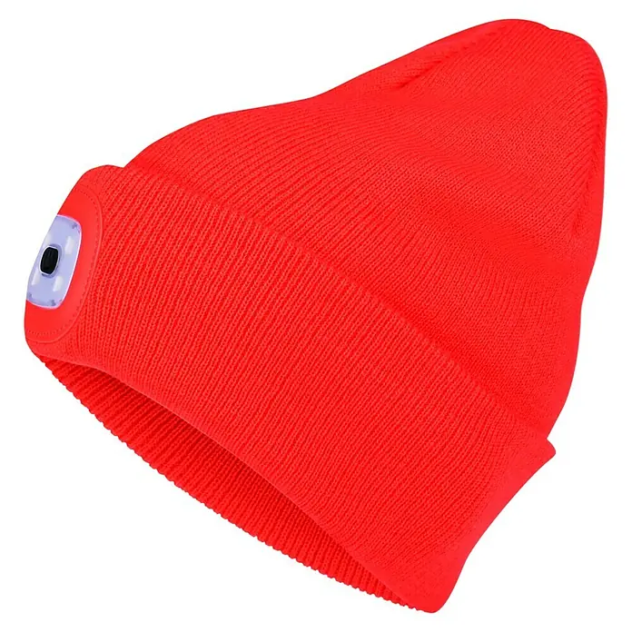Steuber LED-Mütze - Grau/Rot, Ohne Bommel - Rote Strickmütze mit integrierter LED-Leuchte, ideal für Outdoor-Aktivitäten in der Dunkelheit. Praktisch und auffällig.