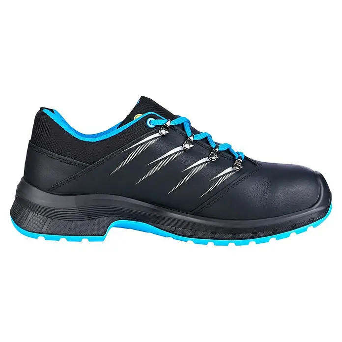 Uvex 2 Trend Sicherheitshalbschuh S3 - 46, Schutzklasse nach EN ISO 20345: S3, Schwarz/Blau - Ein schwarzer Sicherheitsschuh mit blauen Akzenten, inklusive Schnürsenkel und Sohle. Ideal für Arbeitsschutz und Komfort.