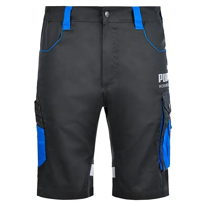 Puma Workwear Arbeitshose Champ - Konfektionsgröße: 60, Carbon/Blau, Gartenbauarbeiten - Schwarze Puma Workwear Shorts mit blauen Akzenten. Die Shorts verfügen über funktionale Taschen und sind ideal für die Arbeit.