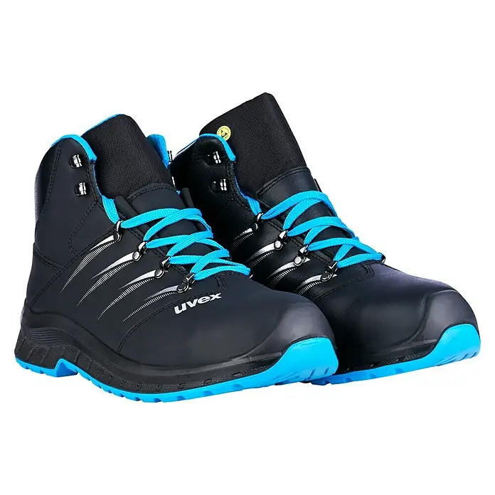 Uvex 2 Trend Sicherheitsstiefel S3 - 42, Schutzklasse nach EN ISO 20345: S3, Schwarz/Blau - Ein Paar Uvex Sicherheitsschuhe in Schwarz mit blauen Schnürsenkeln und Sohlen, ideal für Arbeitsschutz.