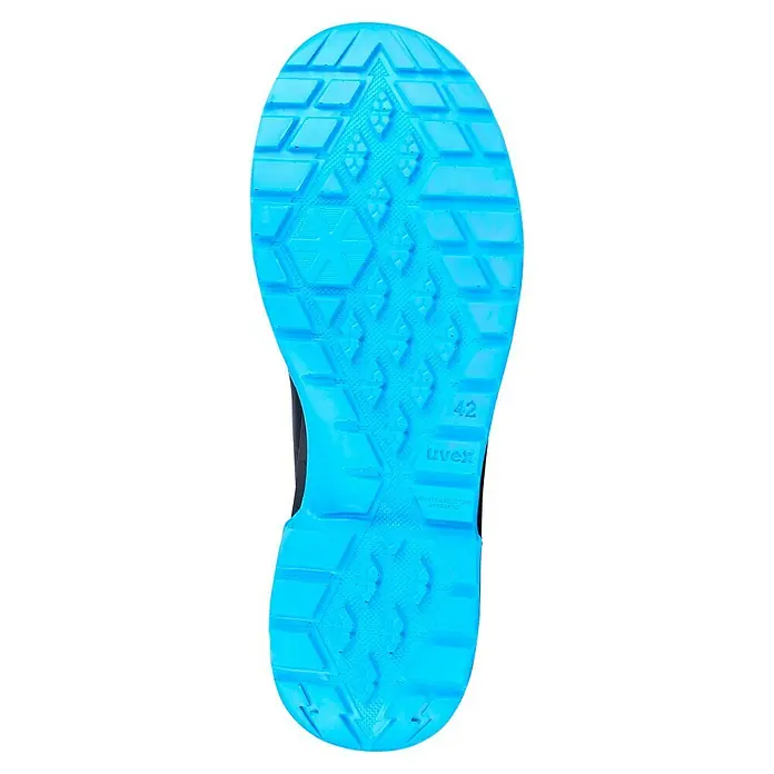Uvex 2 Trend Sicherheitsstiefel S3 - 42, Schutzklasse nach EN ISO 20345: S3, Schwarz/Blau - Sohle eines blauen Uvex Sicherheitsschuhs mit Profil und Größenangabe 42. Rutschfeste und antistatische Gummisohle mit speziellen Profil.