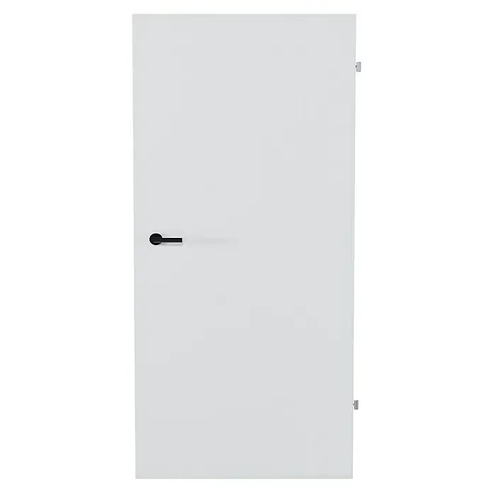 Invado Zimmertür ND1 ohne Schlüssellochbohrung - 985 x 1.985 mm, DIN Anschlag: Rechts, Verkehrsweiß matt, Röhrenspan - Weiße Tür mit elegantem, schwarzem Türgriff. Stilvolles Design für moderne Innenräume.