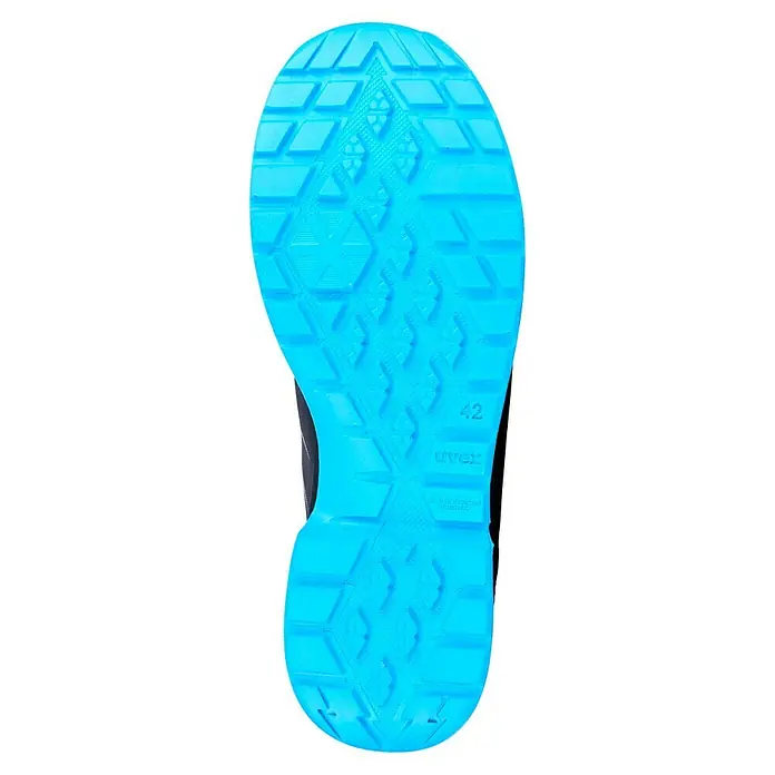 Uvex 2 Trend Sicherheitshalbschuh S3 - 46, Schutzklasse nach EN ISO 20345: S3, Schwarz/Blau - Die blaue Sohle eines Uvex-Schuhs mit griffigem Profil und dem Uvex-Logo, Größe 42, bietet Rutschfestigkeit und ist öl- und kraftstoffbeständig.