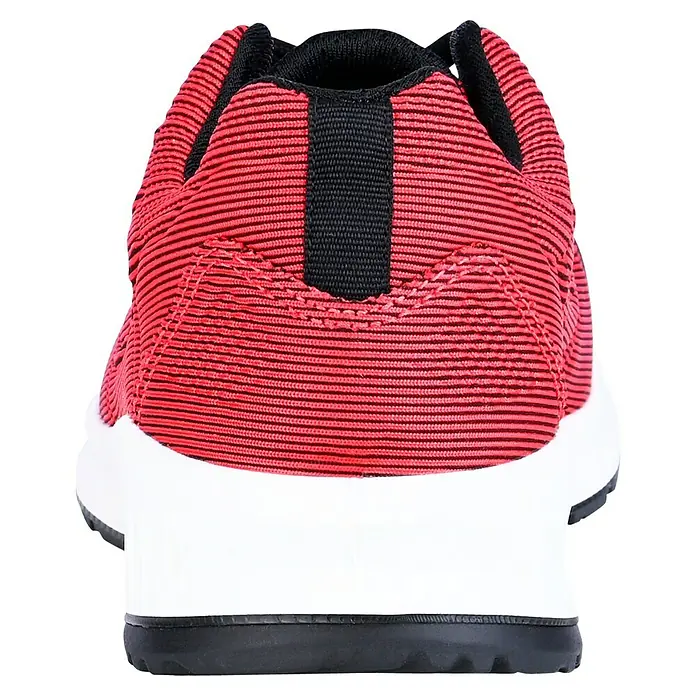 Steitz Secura Sicherheitshalbschuh CP 4360 SF - Schuhgröße: 39, S3 - Rückansicht eines roten und schwarzen Sneakers mit weißer Sohle. Der Schuh hat ein sportliches und modernes Design.