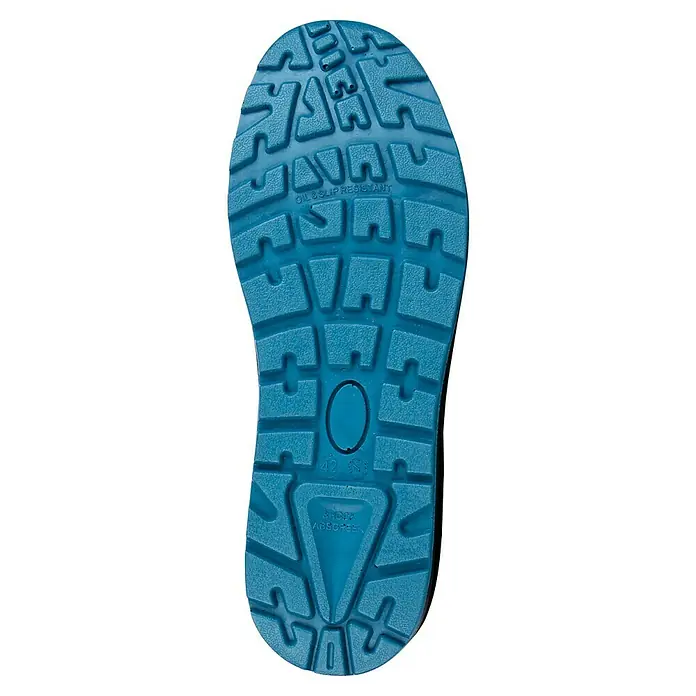 Sicherheitshalbschuh Bluestar S1 - Schuhgröße: 44, S1 - Blaue Schuhsohle mit rutschfestem Design und Größenangabe, ideal für sicheren Halt.