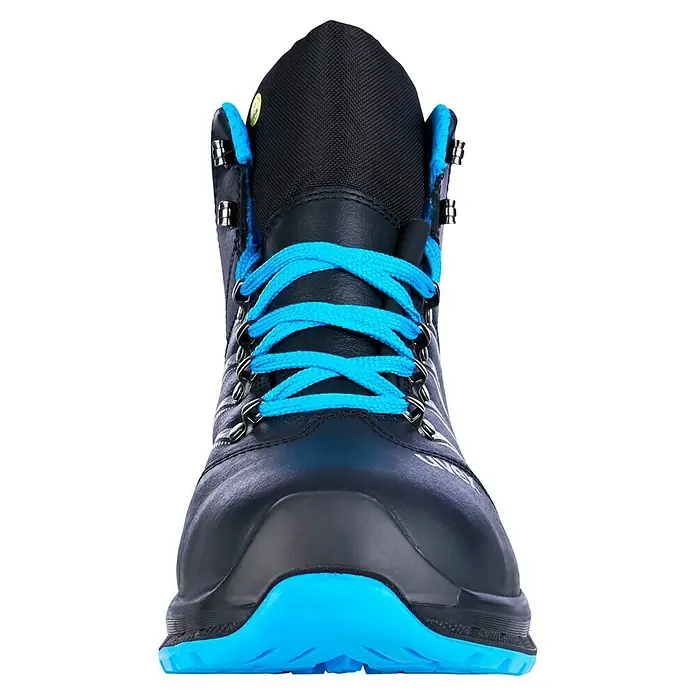 Uvex 2 Trend Sicherheitsstiefel S3 - 42, Schutzklasse nach EN ISO 20345: S3, Schwarz/Blau - Nahaufnahme eines schwarzen Uvex-Sicherheitsstiefels mit blauen Schnürsenkeln und Sohle, der Schutz und Stil vereint.