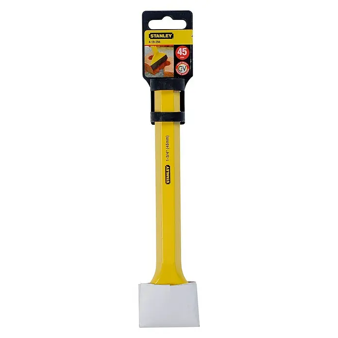 Stanley Cincel plano de boca ancha - An x L: 45 x 215 mm, Acero - Cincel para frío Stanley 4-18-294, de 45 mm de ancho, con mango amarillo y cubierta de plástico protectora para un trabajo preciso y seguro.