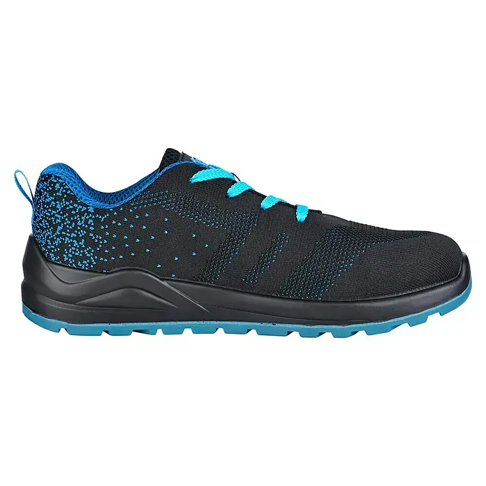 Sicherheitshalbschuh Bluestar S1 - Schuhgröße: 44, S1 - Schwarzer Laufschuh mit blauen Akzenten und Schnürsenkeln. Ideal für Sport und Freizeit. Bequeme Passform und stylisches Design.