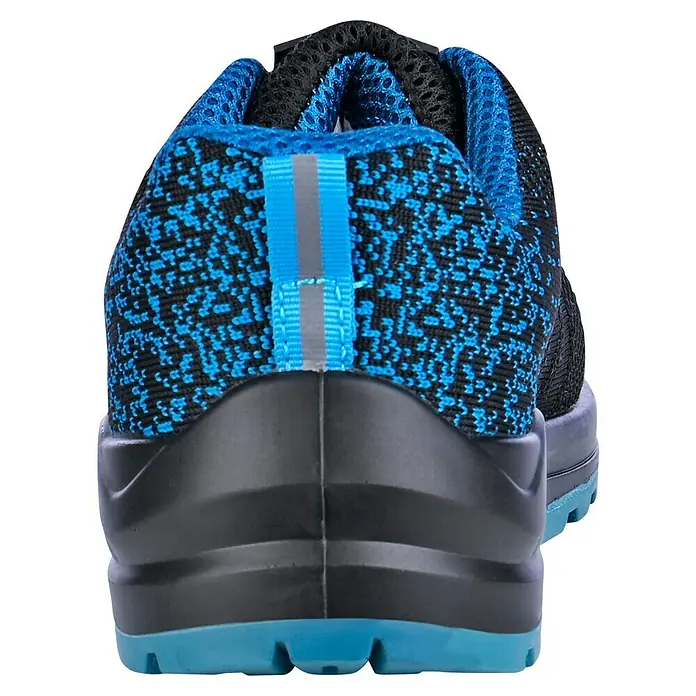 Sicherheitshalbschuh Bluestar S1 - Schuhgröße: 44, S1 - Rückansicht eines blauen und schwarzen Sicherheitsschuhs mit reflektierendem Detail und robuster, rutschfester Sohle für sicheren Halt.
