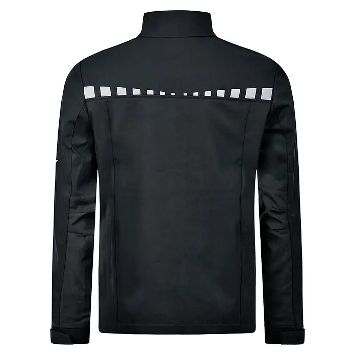 Puma Workwear Softshell-Jacke Champ - Carbon/Blau, M - Rückansicht einer schwarzen Arbeitsjacke mit reflektierenden Elementen am oberen Rücken für erhöhte Sichtbarkeit und Sicherheit.
