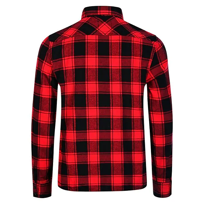 Brandit Flanellhemd - Schwarz/Rot, XXXL - Rückansicht eines rot-schwarzen Flanellhemdes mit langen Ärmeln und Karomuster. Das Hemd ist aus einem weichen, warmen Stoff gefertigt.