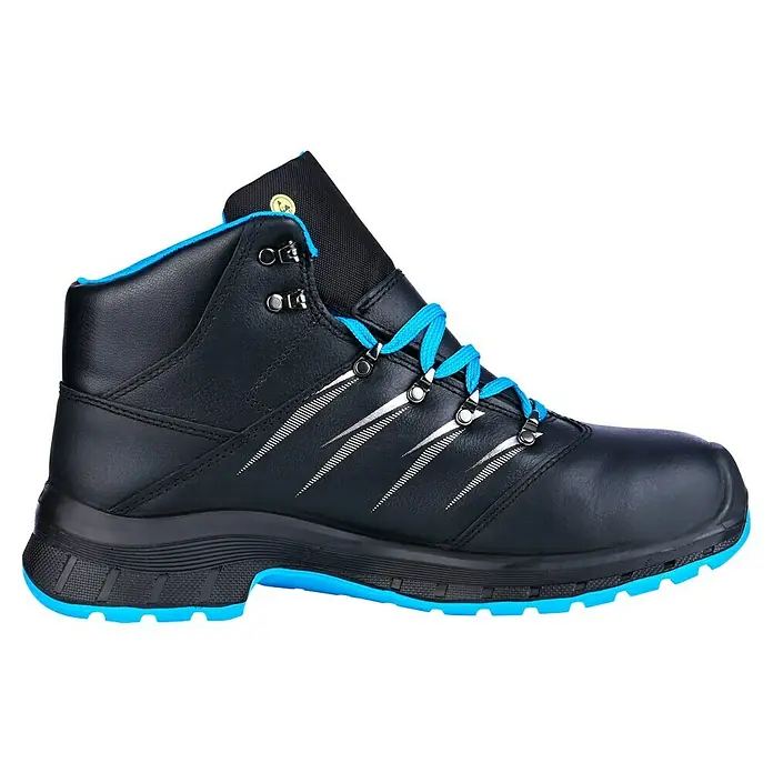 Uvex 2 Trend Sicherheitsstiefel S3 - 42, Schutzklasse nach EN ISO 20345: S3, Schwarz/Blau - Schwarzer Sicherheitsschuh mit blauen Schnürsenkeln und Sohle, ein robuster und stilvoller Begleiter für den Arbeitsalltag.