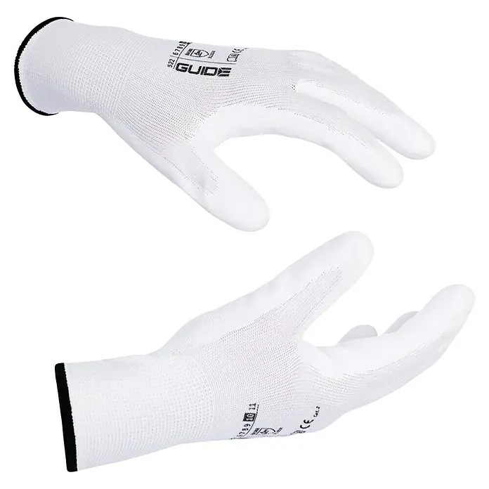 Guide Arbeitshandschuhe 522 - Handschuhgröße: 10, Weiß - Ein Paar weiße GUIDE-Arbeitshandschuhe mit schwarzen Bündchen, die für Präzisionsarbeiten und Schutz konzipiert sind.