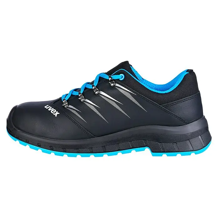 Uvex 2 Trend Sicherheitshalbschuh S3 - 46, Schutzklasse nach EN ISO 20345: S3, Schwarz/Blau - Das Bild zeigt einen schwarzen Uvex-Sicherheitsschuh mit blauen Akzenten und Schnürsenkeln. Optimaler Schutz und Komfort für den Arbeitsalltag.
