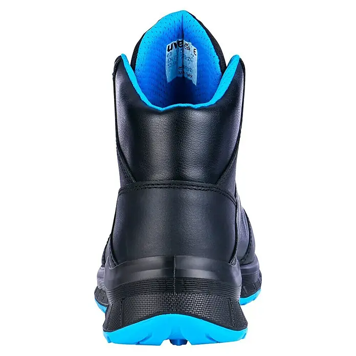 Uvex 2 Trend Sicherheitsstiefel S3 - 42, Schutzklasse nach EN ISO 20345: S3, Schwarz/Blau - Rückansicht eines schwarzen uvex Sicherheitsschuhs mit blauen Akzenten. Der Schuh verfügt über ein robustes Design und eine bequeme Passform.