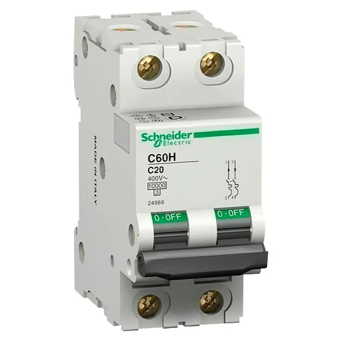 Schneider Electric Magnetotérmico automático ICPM - C, 15 A, 6 kA, 2 ud. - Un interruptor automático en miniatura Schneider Electric C60H C20 diseñado para la protección de circuitos eléctricos.