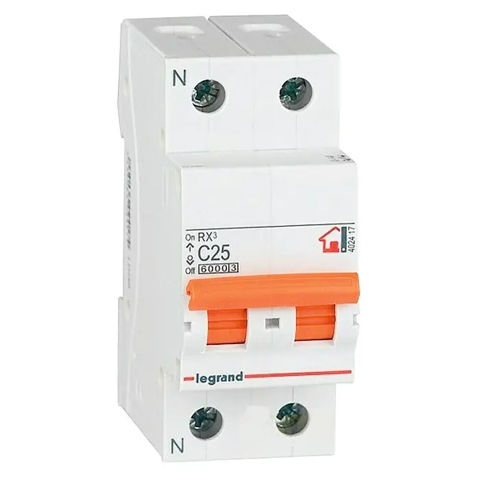 Legrand Magnetotérmico automático Pack RX3 P+N - C, 10 A, 6 kA, 2 ud. - Un interruptor automático bipolar Legrand C25 con una palanca naranja y las marcas "N" y "legrand".