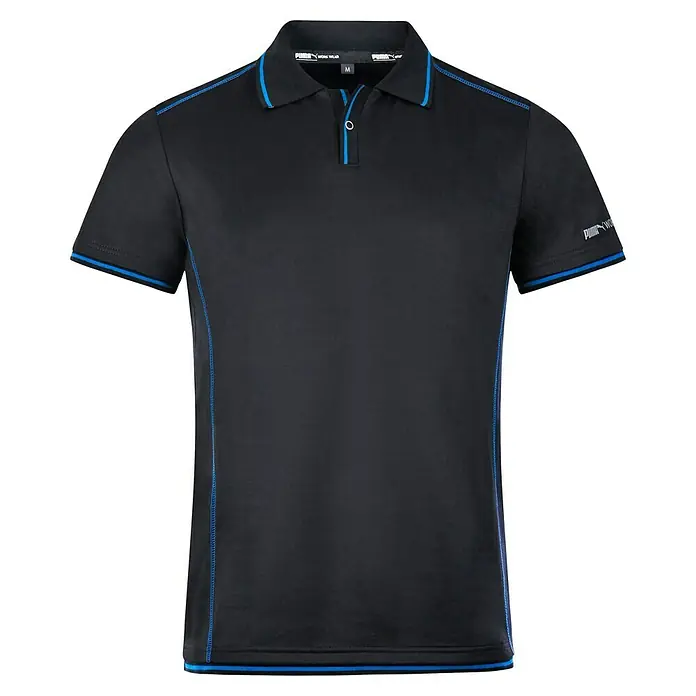 Puma Workwear Poloshirt Champ - Carbon, XL - Schwarzes Puma Poloshirt mit blauen Akzenten an Kragen, Ärmeln und Seitennaht. Modernes Design und sportlicher Look für Herren.