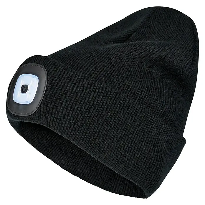 Steuber LED-Mütze - Schwarz, Ohne Bommel - Schwarze Strickmütze mit integrierter LED-Leuchte für zusätzliche Sichtbarkeit und Komfort bei Outdoor-Aktivitäten.