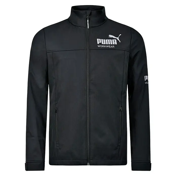 Puma Workwear Softshell-Jacke Champ - Carbon/Blau, M - Schwarze Puma Workwear Jacke mit durchgehendem Reißverschluss und seitlichen Reißverschlusstaschen. Sportlich und funktionell.