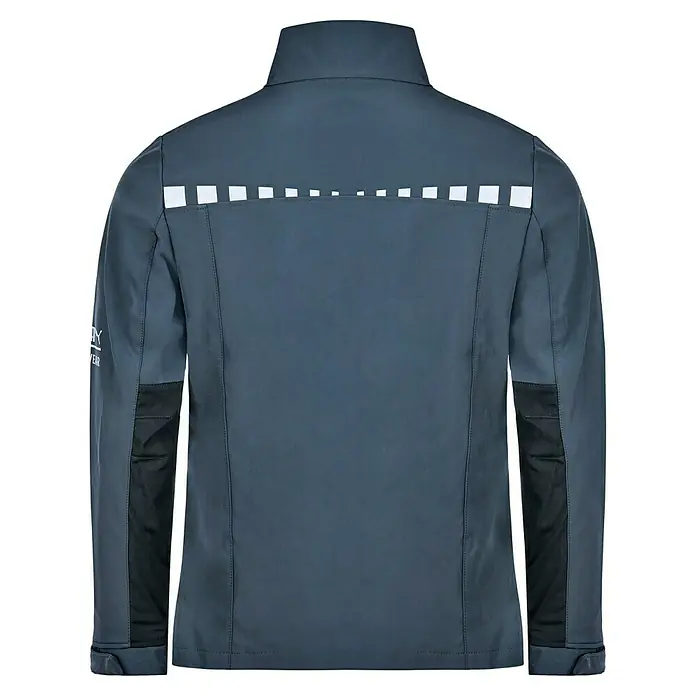 Puma Workwear Softshell-Jacke Champ - Stahlgrau, Carbon, S - Rückansicht einer grauen Jacke mit reflektierenden weißen Quadraten im oberen Rückenbereich und schwarzen Einsätzen an den Ärmeln.