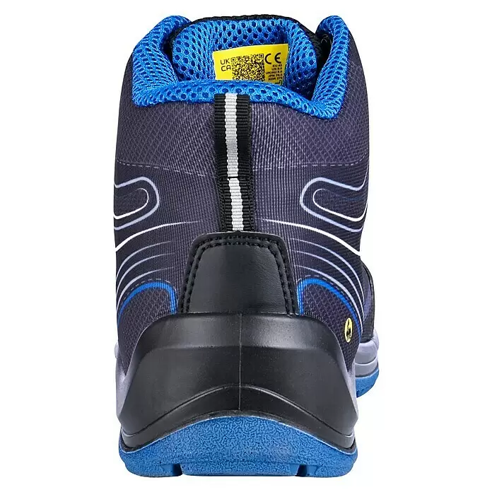 Safety Jogger Sicherheitsstiefel Flow S1P MID - 44, Schutzklasse nach EN ISO 20345: S1P, Schwarz, Blau - Rückansicht eines schwarz-blauen Sicherheitsschuhs mit blauem Netzbund, Reflexstreifen und strukturierter blauer Sohle.