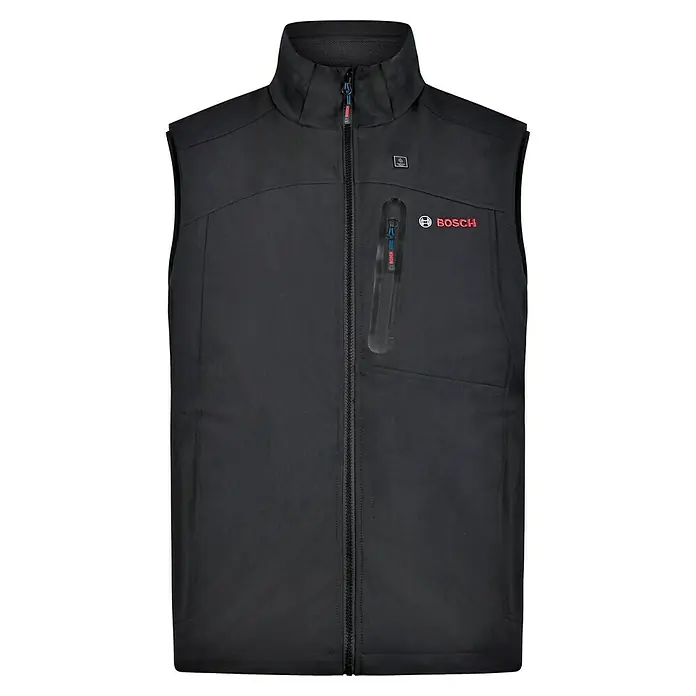 Bosch Professional Arbeitsweste GHV beheizbar - 4 -tlg., Akkuspannung: 12 V, L - Schwarze Bosch-Heizweste mit durchgehendem Reißverschluss, Stehkragen und Logo auf der rechten Brust.