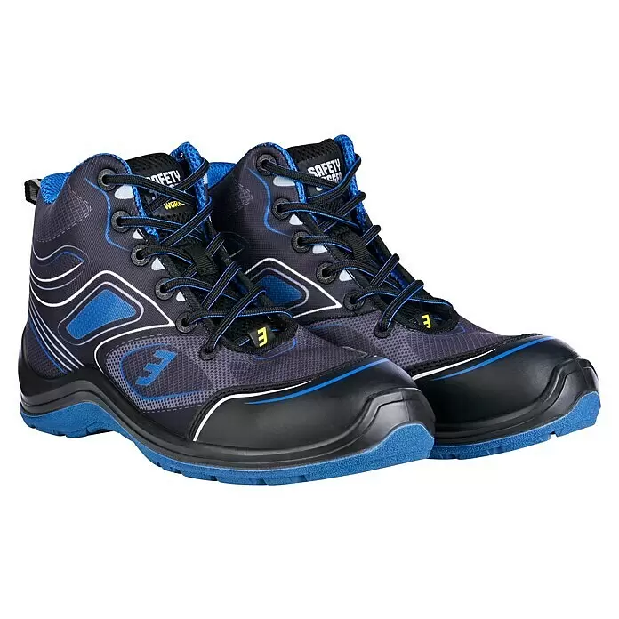 Safety Jogger Sicherheitsstiefel Flow S1P MID - 44, Schutzklasse nach EN ISO 20345: S1P, Schwarz, Blau - Paar blaue und schwarze Sicherheitsschuhe mit blauen Sohlen und Schnürsenkeln, mit Schutzkappe.