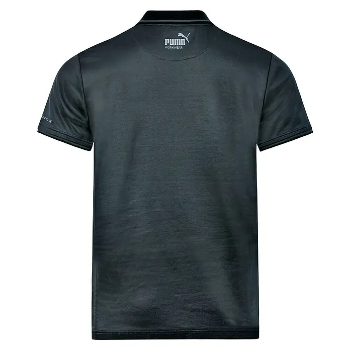 Puma Workwear Poloshirt Champ - Stahlgrau, Carbon, S - Rückansicht eines dunkelgrauen PUMA Workwear Poloshirts mit kurzen Ärmeln und dem PUMA Logo. Es ist aus strapazierfähigem Material gefertigt.