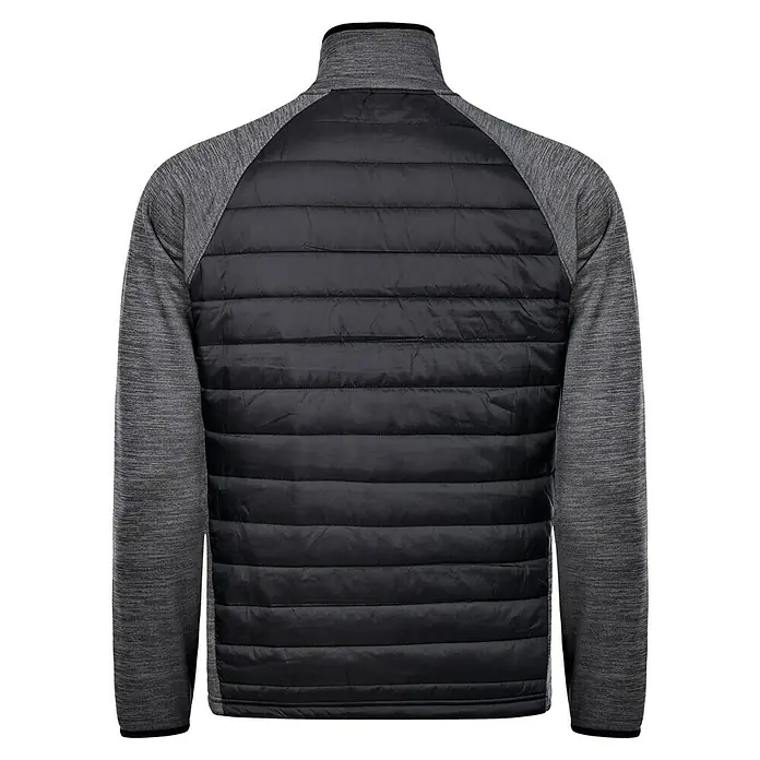 L.Brador Hybridjacke 6090P - Schwarz/Grau, L - Rückansicht einer schwarzen, gesteppten Jacke mit melierten Ärmeln. Das Design ist schlicht und funktional.