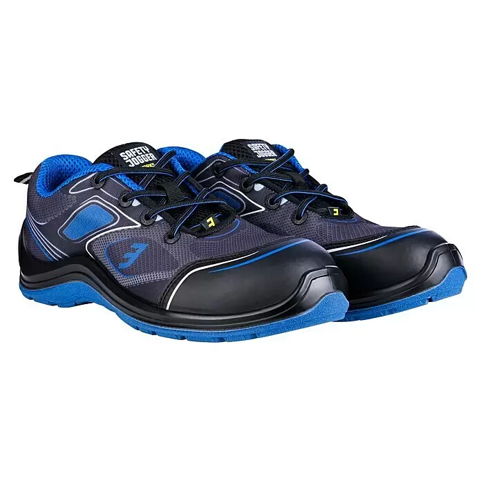 Safety Jogger Sicherheitshalbschuh Flow - 41, Schutzklasse nach EN ISO 20345: S1P, Blau, Schwarz - Paar dunkelgrau-blauer Safety Jogger Sicherheitsschuhe mit schwarzen Zehenkappen und blauen Sohlen.