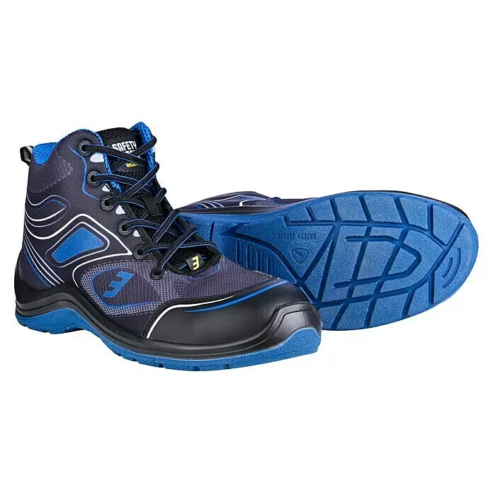 Safety Jogger Sicherheitsstiefel Flow S1P MID - 44, Schutzklasse nach EN ISO 20345: S1P, Schwarz, Blau - Paar schwarzer und blauer Sicherheitsschuhe mit weißen Akzenten, robuster Sohle und schützender Zehenkappe.