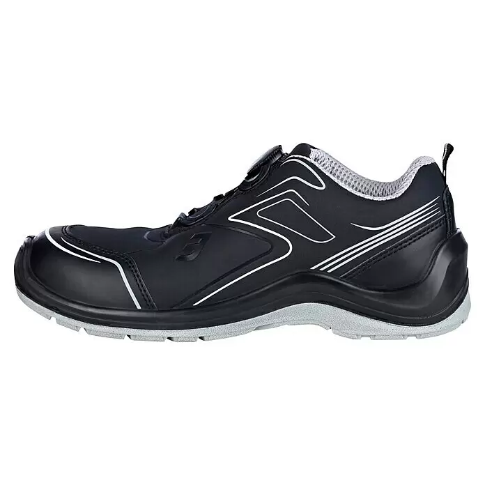 Safety Jogger Sicherheitshalbschuh Flow TSL - 45, Schutzklasse nach EN ISO 20345: S3, Schwarz - Schwarzer Sicherheitsschuh mit grauer Sohle und weißen Details.