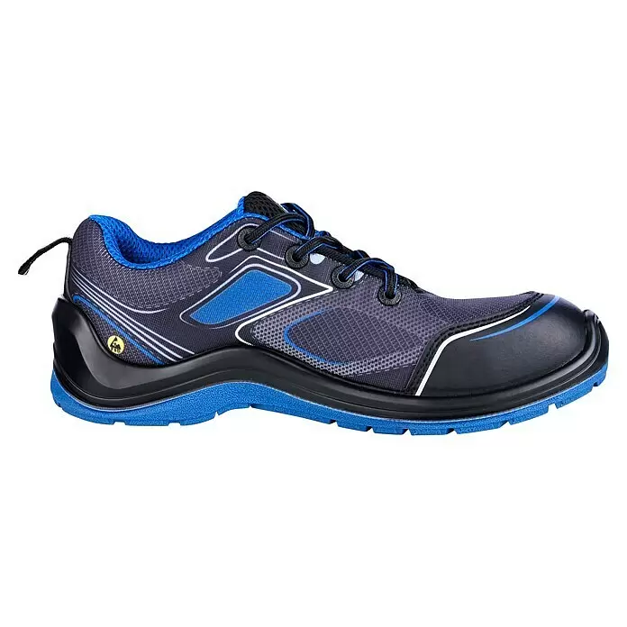Safety Jogger Sicherheitshalbschuh Flow - 41, Schutzklasse nach EN ISO 20345: S1P, Blau, Schwarz - Blauer und schwarzer sportlicher Sicherheitsschuh mit verstärkter Zehenkappe und ESD-Schutz.