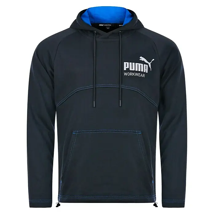 Puma Workwear Kapuzenpullover Champ - Carbon, Größe: XXL - Abbildung eines marineblauen Puma Workwear Hoodies mit blauen Akzenten und Kängurutasche.