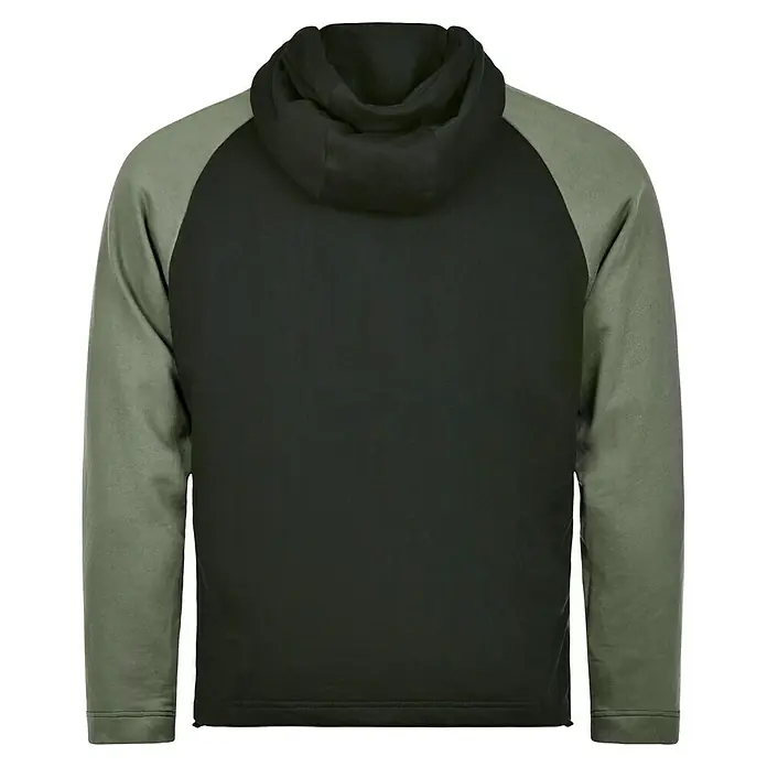 Puma Workwear Kapuzenpullover Champ - Oliv, Carbon, Größe: S - Rückansicht einer schwarzen Kapuzenjacke mit grünen Ärmeln. Ideal für Sport oder Freizeit, hält warm und sieht stylisch aus.