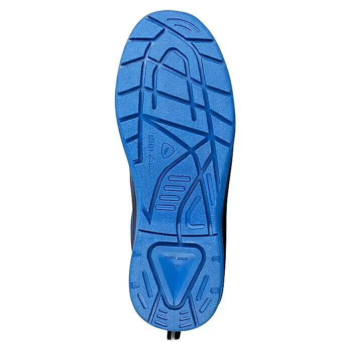 Safety Jogger Sicherheitshalbschuh Flow - 41, Schutzklasse nach EN ISO 20345: S1P, Blau, Schwarz - Blaue Sicherheitsschuhsohle mit texturierter Oberfläche und komplexen geometrischen Profilmustern, mit geprägtem Text 'SAFETY JOGGER' und 'AIR'.