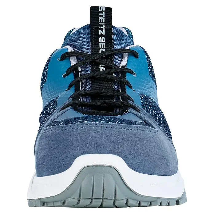 Steitz Secura Sicherheitshalbschuh ELLA - 41, Schutzklasse nach EN ISO 20345: S1 - Frontansicht eines blauen Steitz Secura Schuhs mit schwarzen Schnürsenkeln und grauer Sohle.