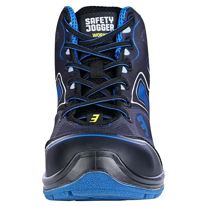 Safety Jogger Sicherheitsstiefel Flow S1P MID - 44, Schutzklasse nach EN ISO 20345: S1P, Schwarz, Blau - Schwarzer und blauer Safety Jogger Arbeitsstiefel mit Markenlogo, schwarzen und blauen Schnürsenkeln und robuster blauer Sohle.