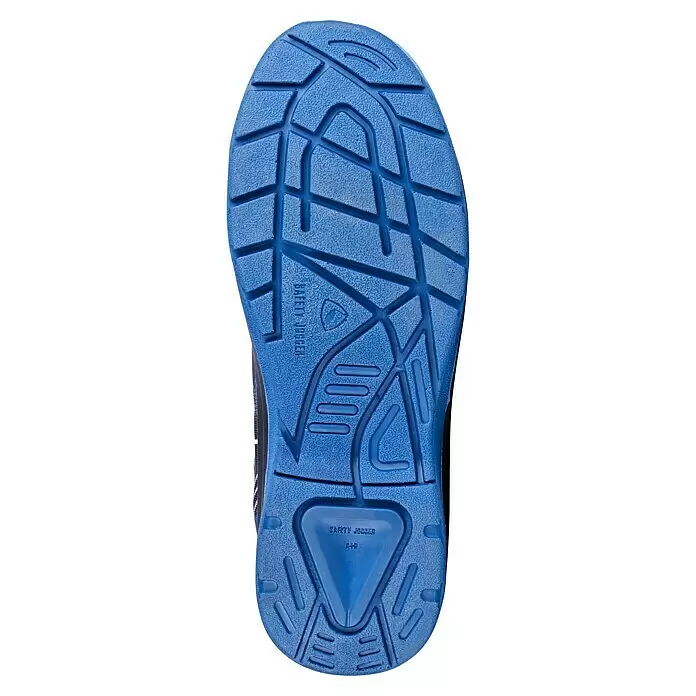 Safety Jogger Sicherheitsstiefel Flow S1P MID - 44, Schutzklasse nach EN ISO 20345: S1P, Schwarz, Blau - Blaue, texturierte Gummisohle eines Sicherheitsschuhs mit ausgeprägtem Profil und der Marke 'SAFETY JOGGER'.