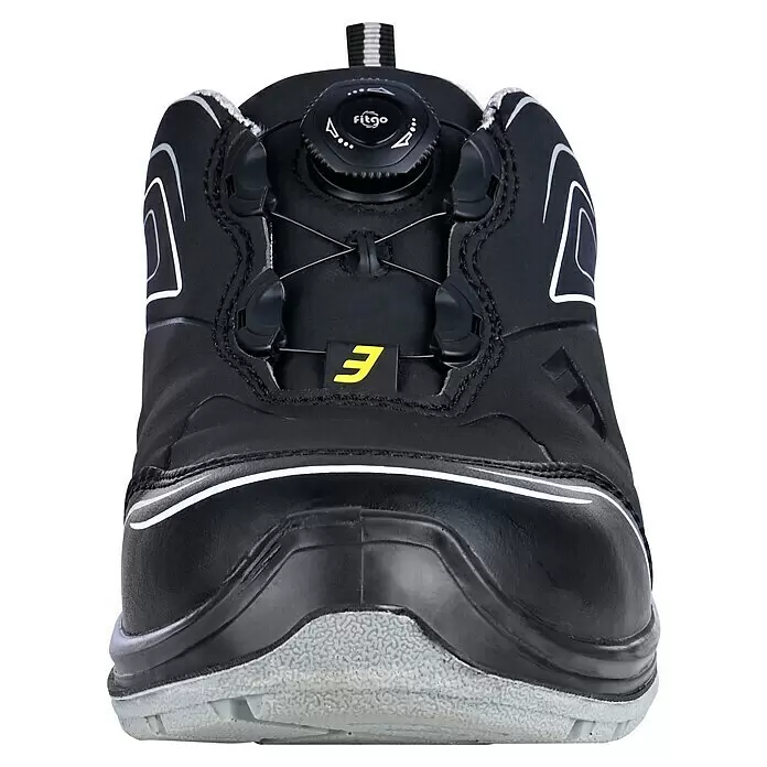 Safety Jogger Sicherheitshalbschuh Flow TSL - 45, Schutzklasse nach EN ISO 20345: S3, Schwarz - Schwarzer Sicherheitsschuh mit Fitgo-Drehverschluss-System, gelbem 'E'-Logo und grauer profilierter Sohle.