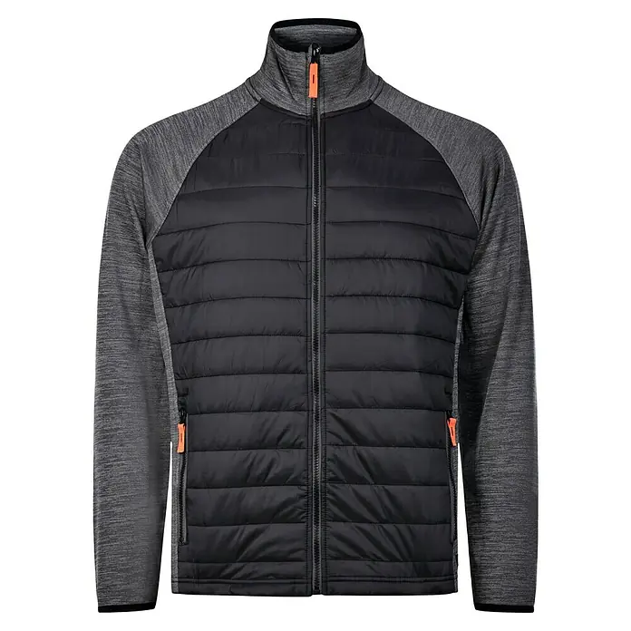 L.Brador Hybridjacke 6090P - Schwarz/Grau, L - Hier ist eine gesteppte Jacke mit durchgehendem Reißverschluss und langen Ärmeln.